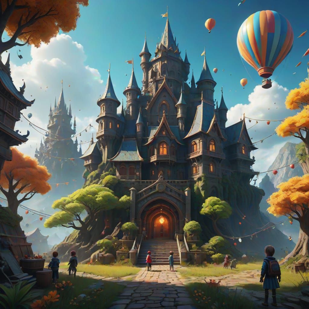 Fantastical Children's Day Scene in Deep, Complementary Colo...