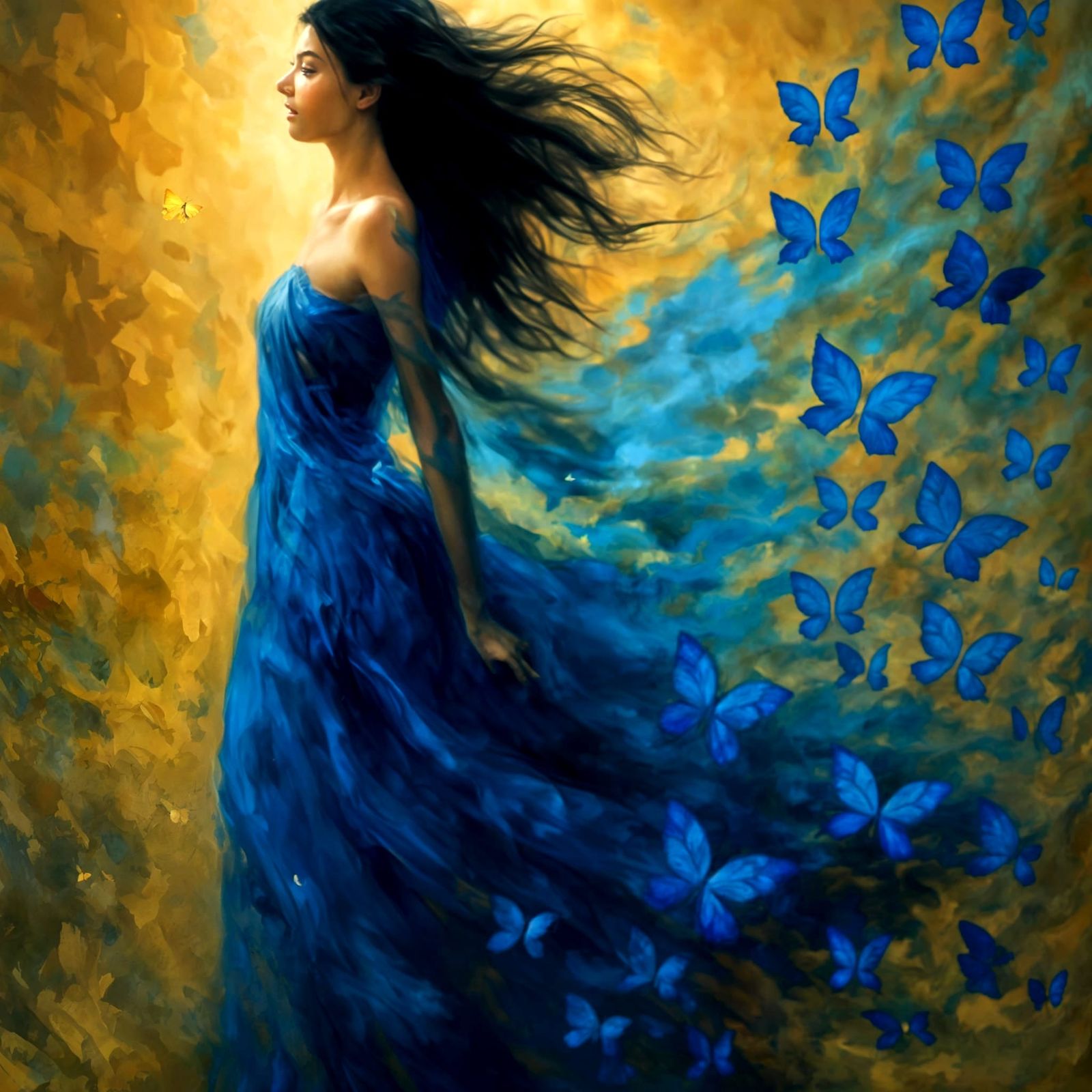 Double Exposure Portrait of Woman in Blue Dress with Butterf...