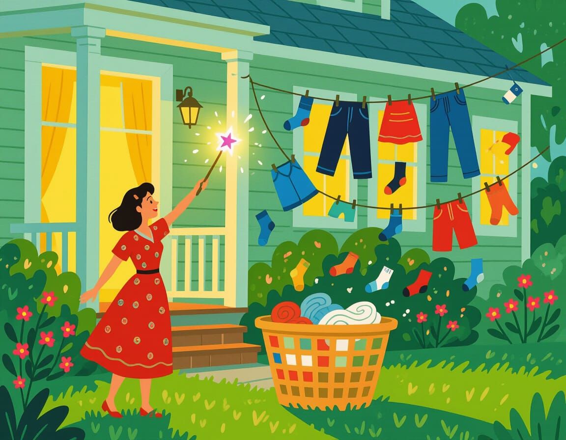 Magical Laundry Day in a Vibrant Garden