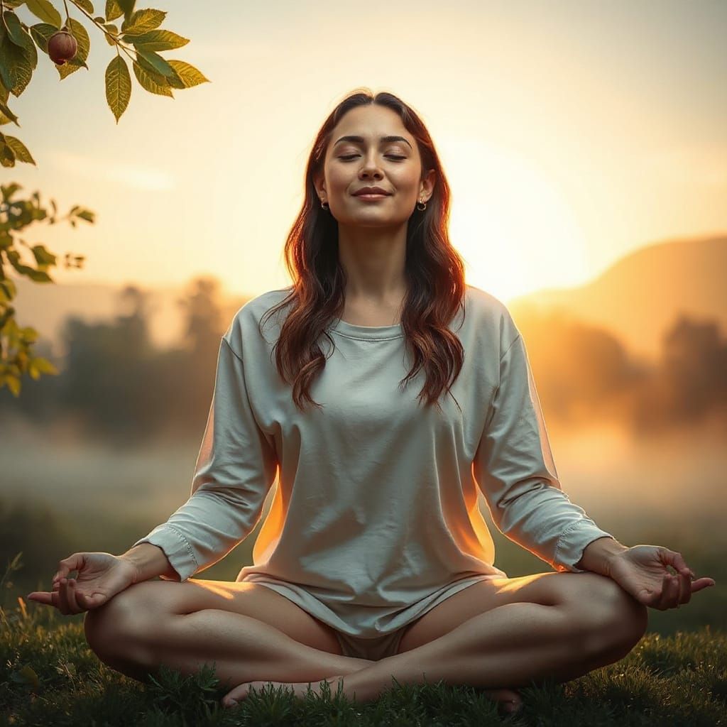 Serene Woman Meditating in Ethereal Dawn Light