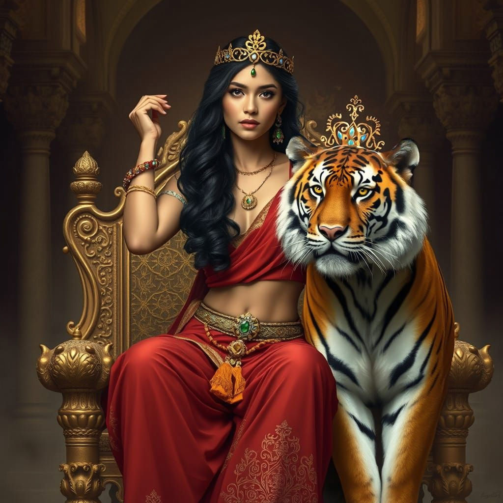 Regal Arab Princess with Majestic Tiger in Golden Arabian Ca...