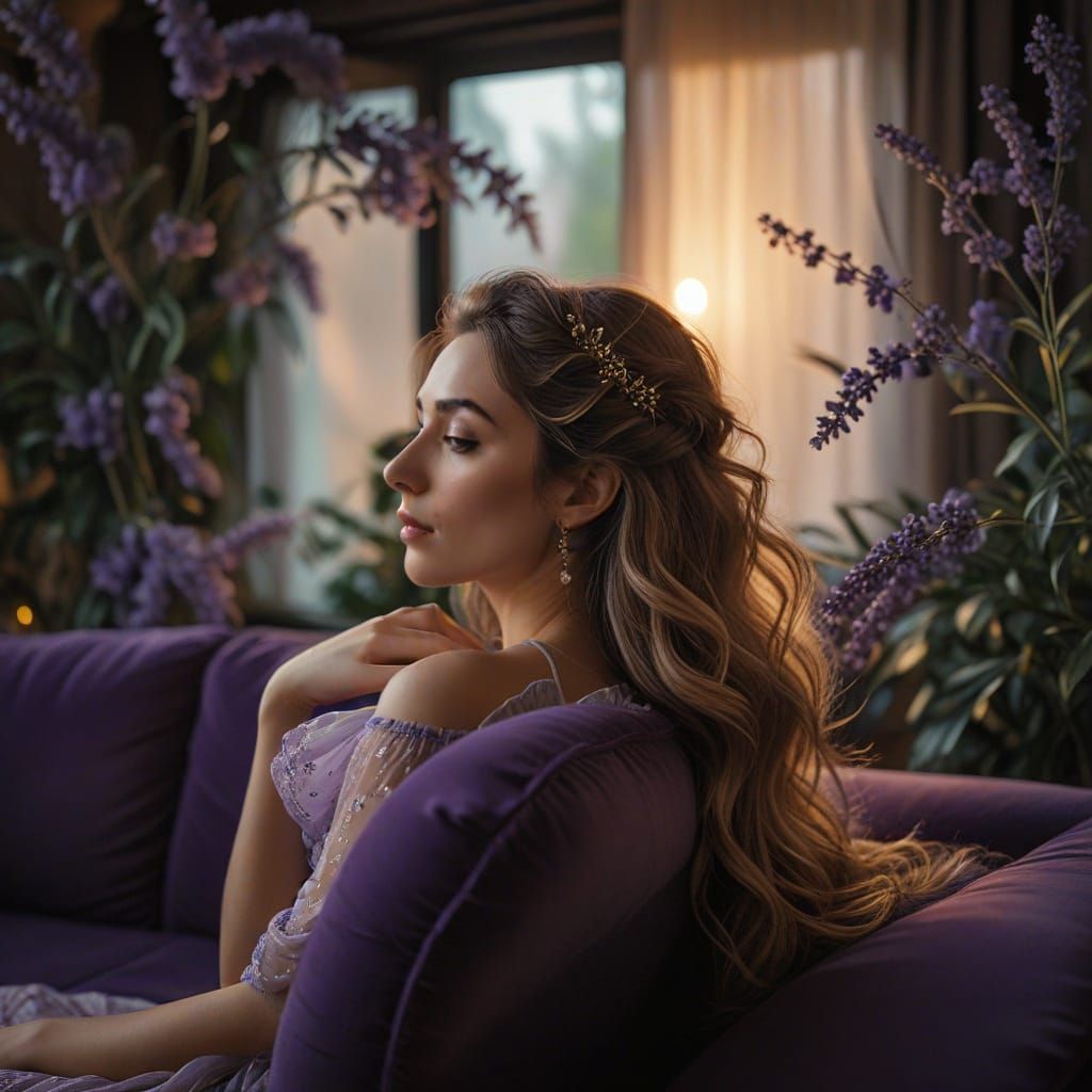 Art Nouveau Woman Relaxing on Sofa in Lavender Hues