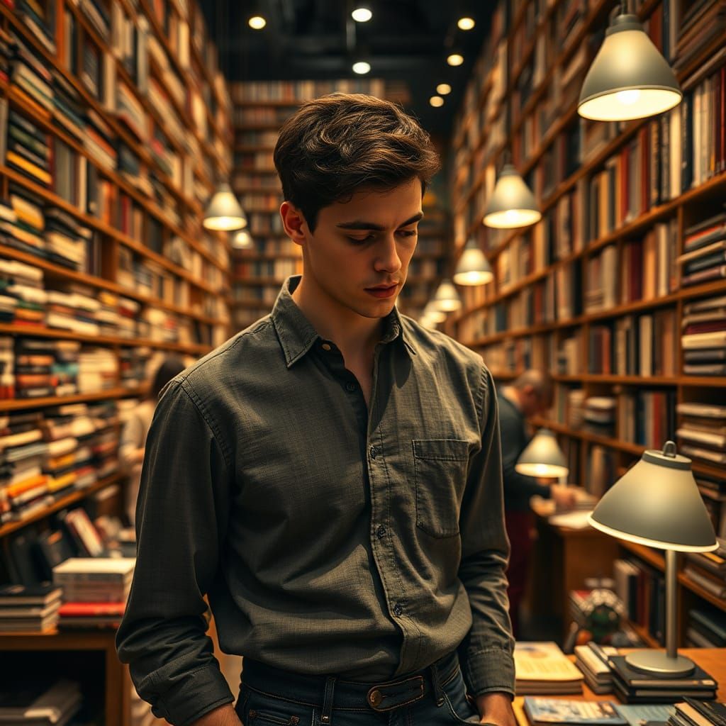 Introspective Man in Modern Bookshop: Photorealistic Style