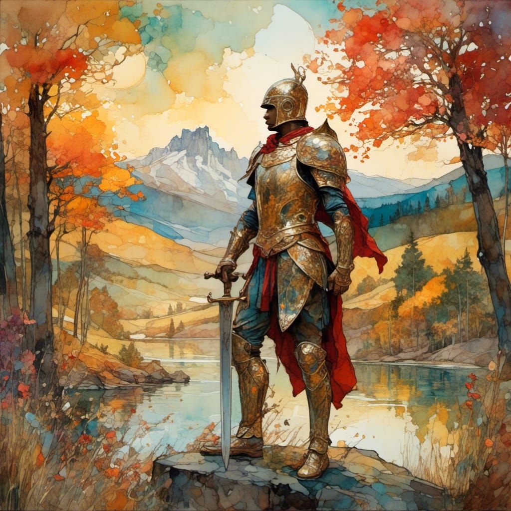Hero in Ornate Armor Stands in Lush Valley