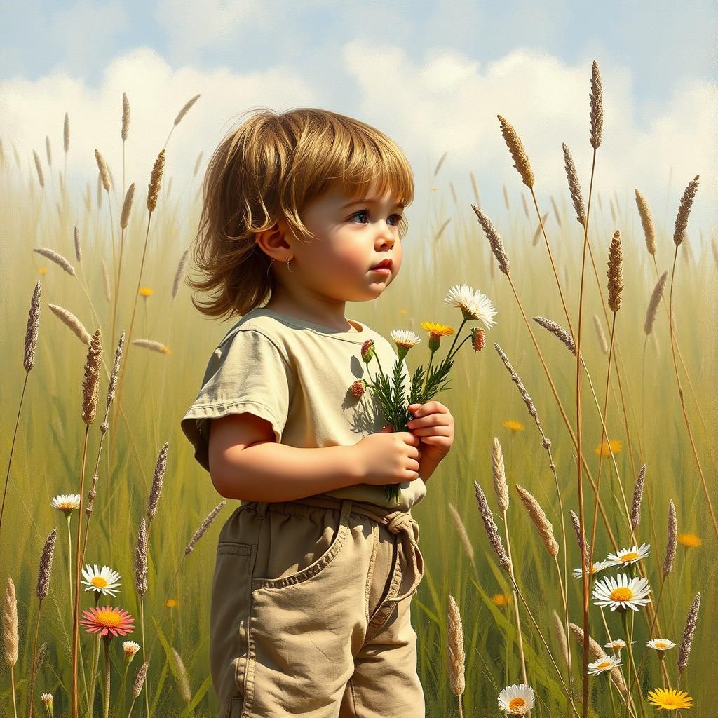 Child in Meadow: Impressionistic Style