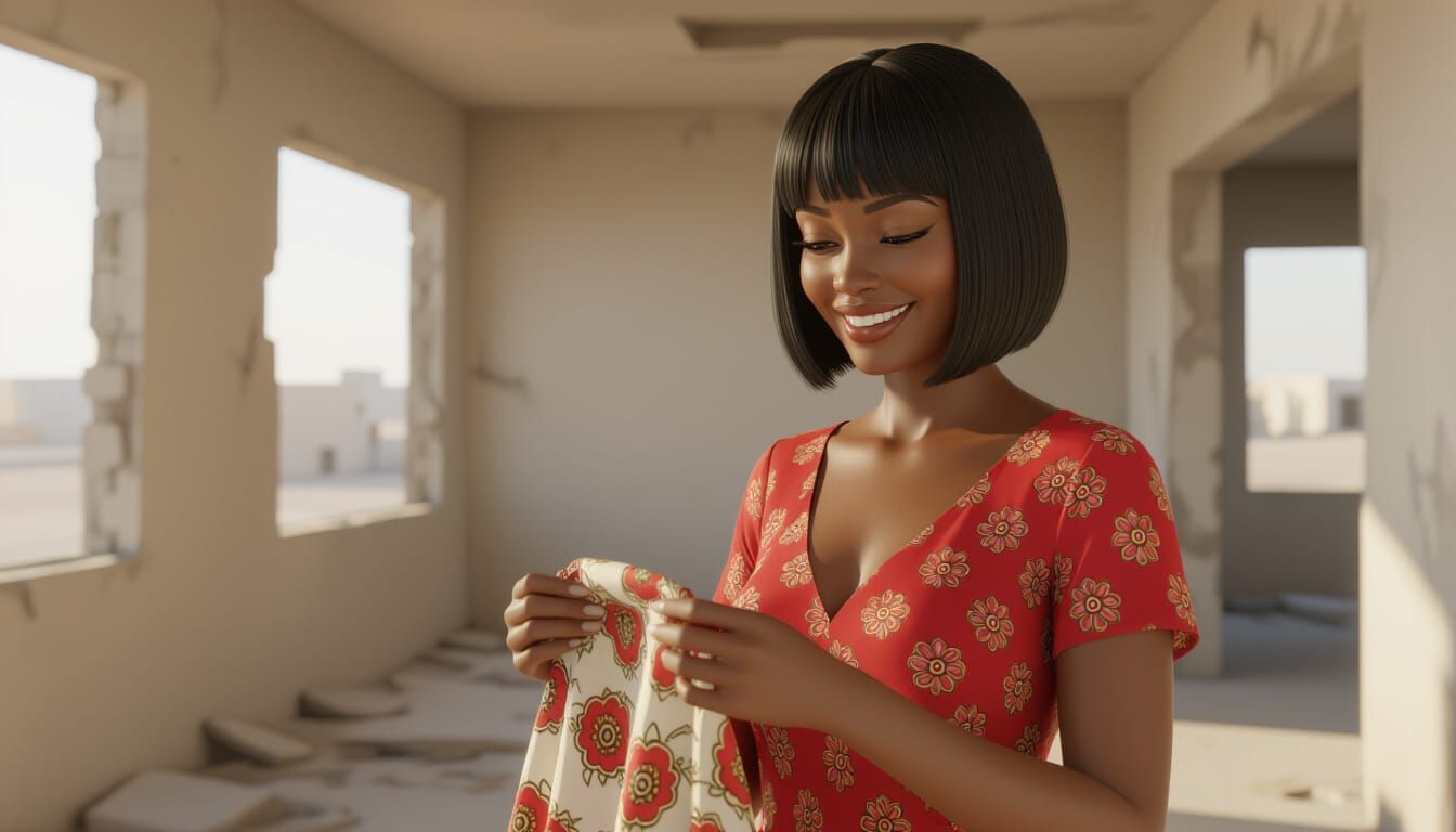 Beautiful African Woman in Red Dress in Unfinished Building