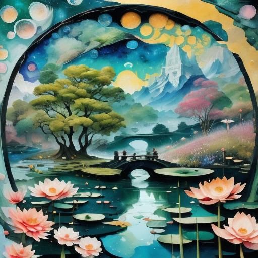 Impressionist River Scene with Water Lilies in Watercolor