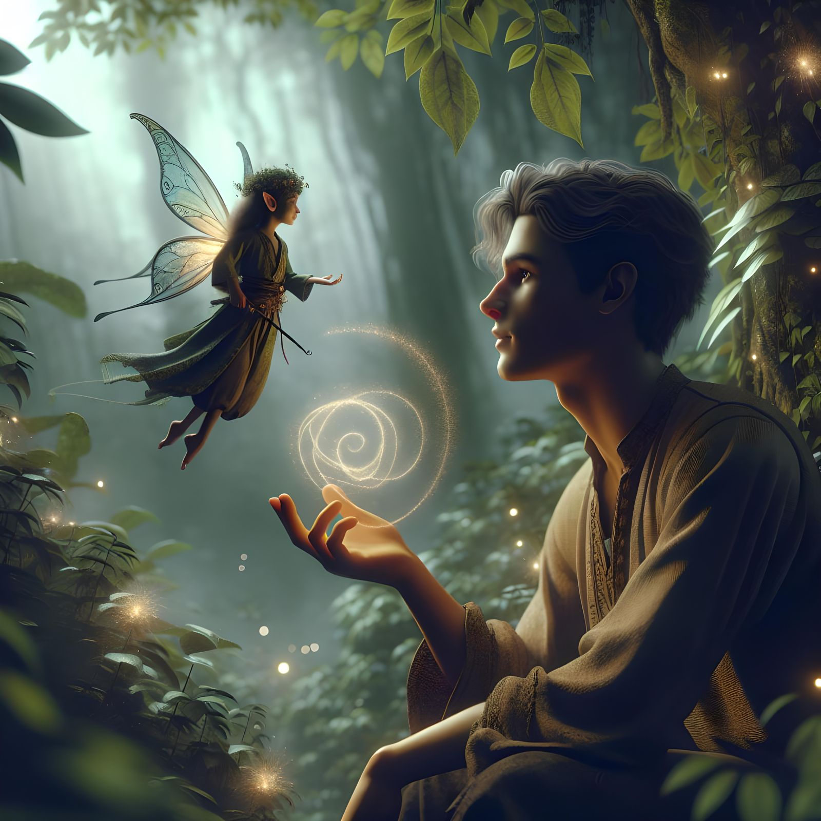 Boy Conversing with Fairy in Enchanted Forest