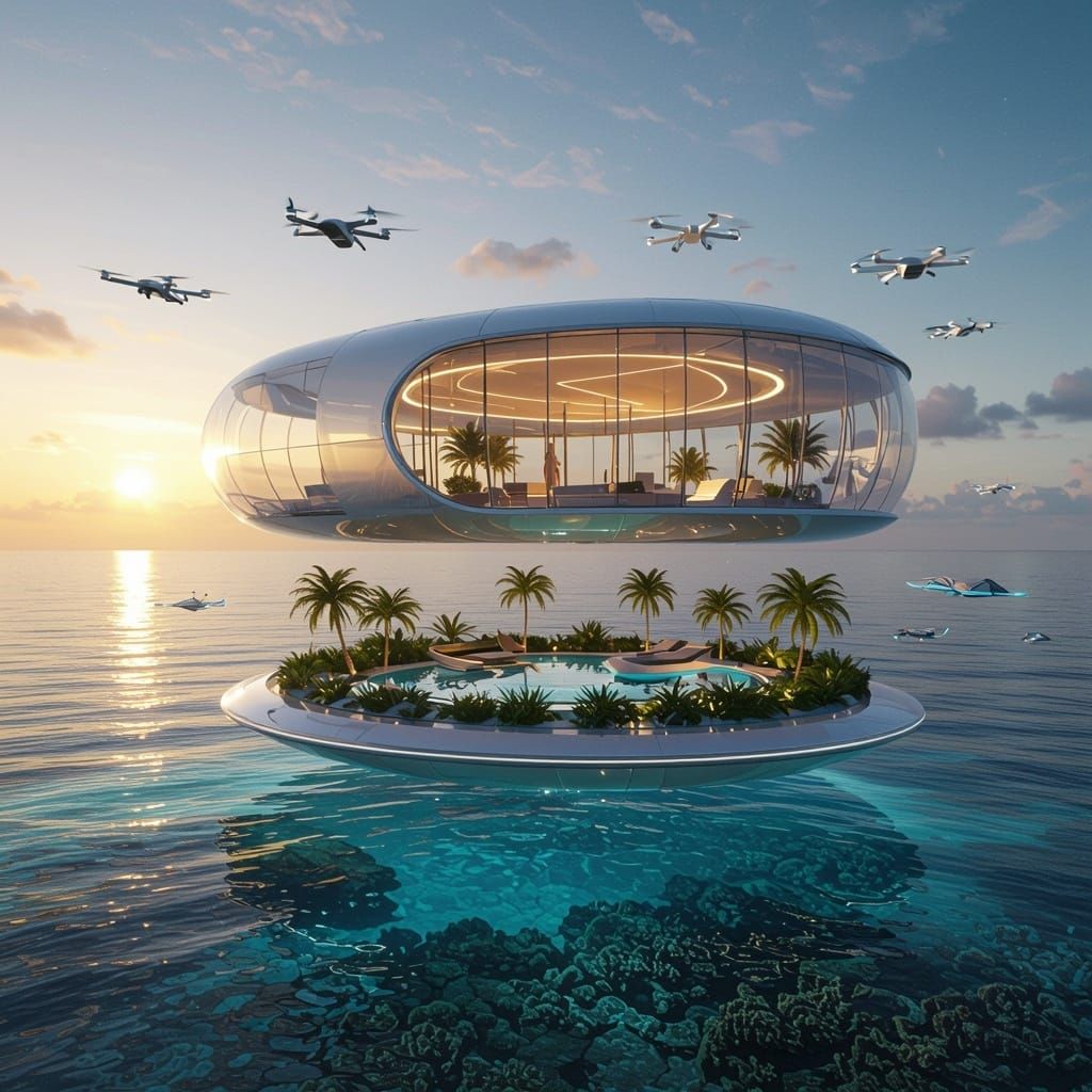 Floating Futuristic Oasis Over Crystal Clear Ocean in Hyperr...