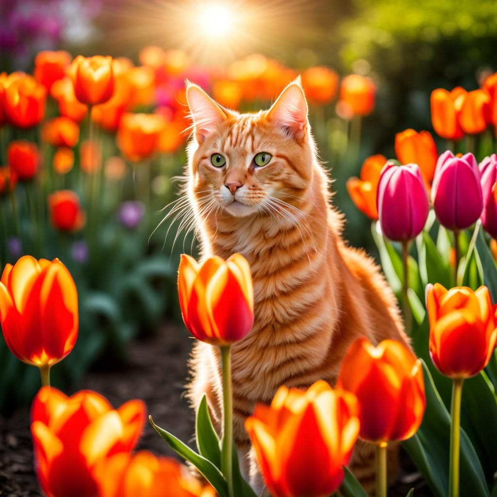 Tabby Cat in a Tulip Garden