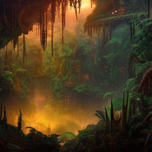 Lush Steampunk Jungle Ruins at Sunset