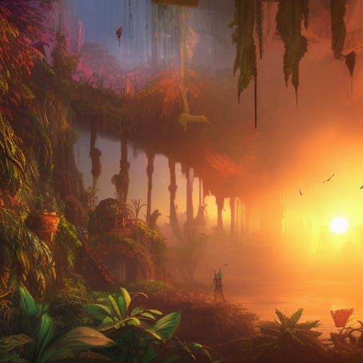 Steampunk Jungle Ruins at Sunset in Detailed Matte Painting