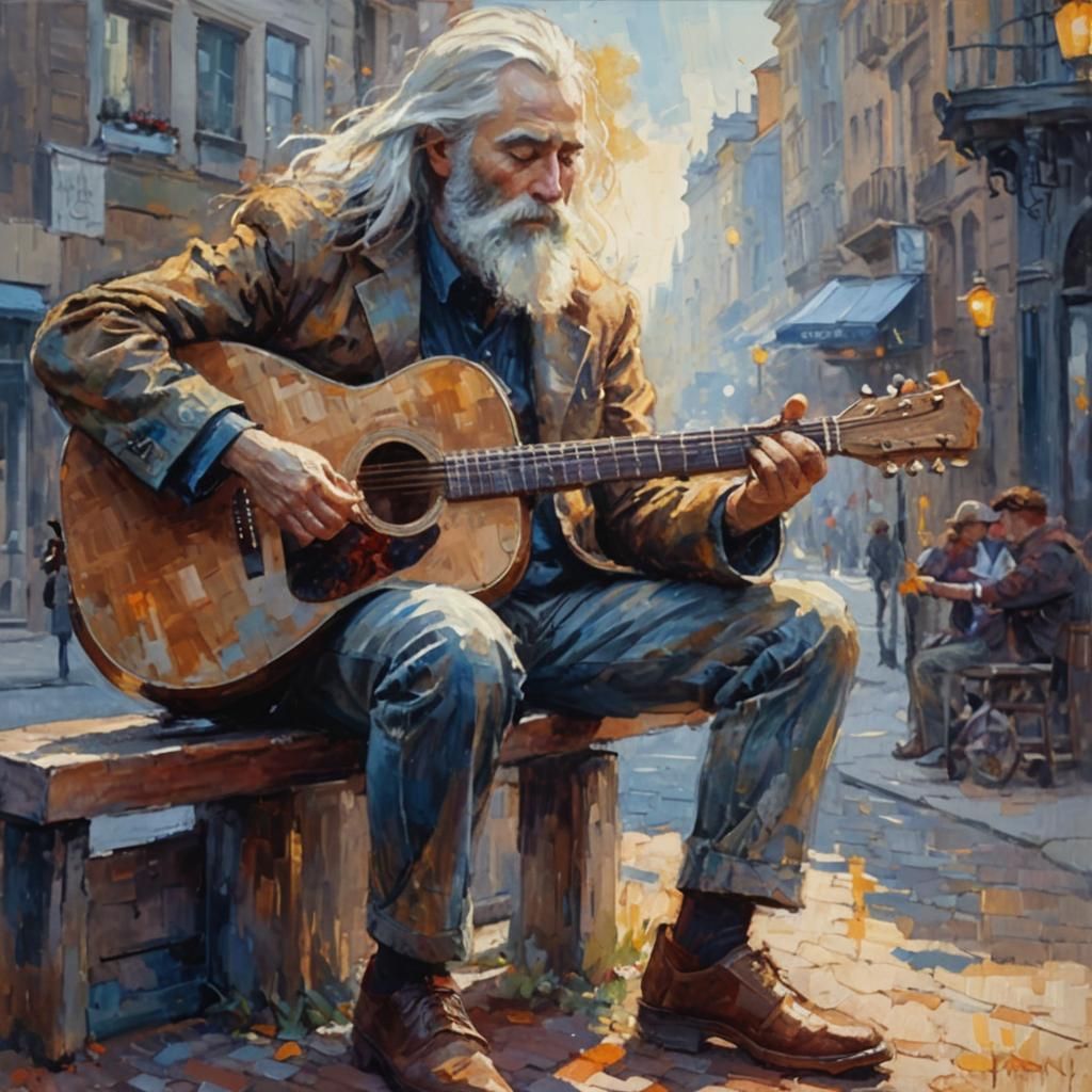Man Playing Guitar in Vibrant Cityscape