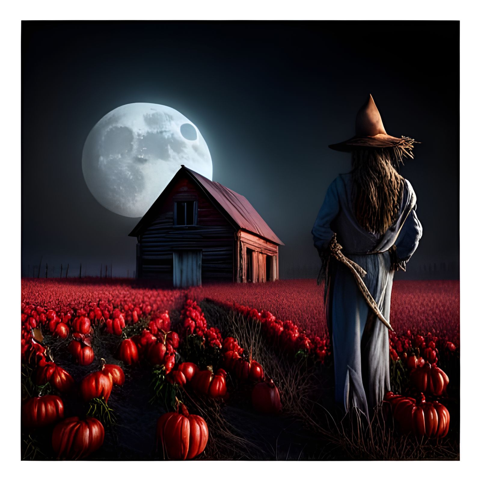 Haunted Farmhouse with Scarecrow Under Blood Moon