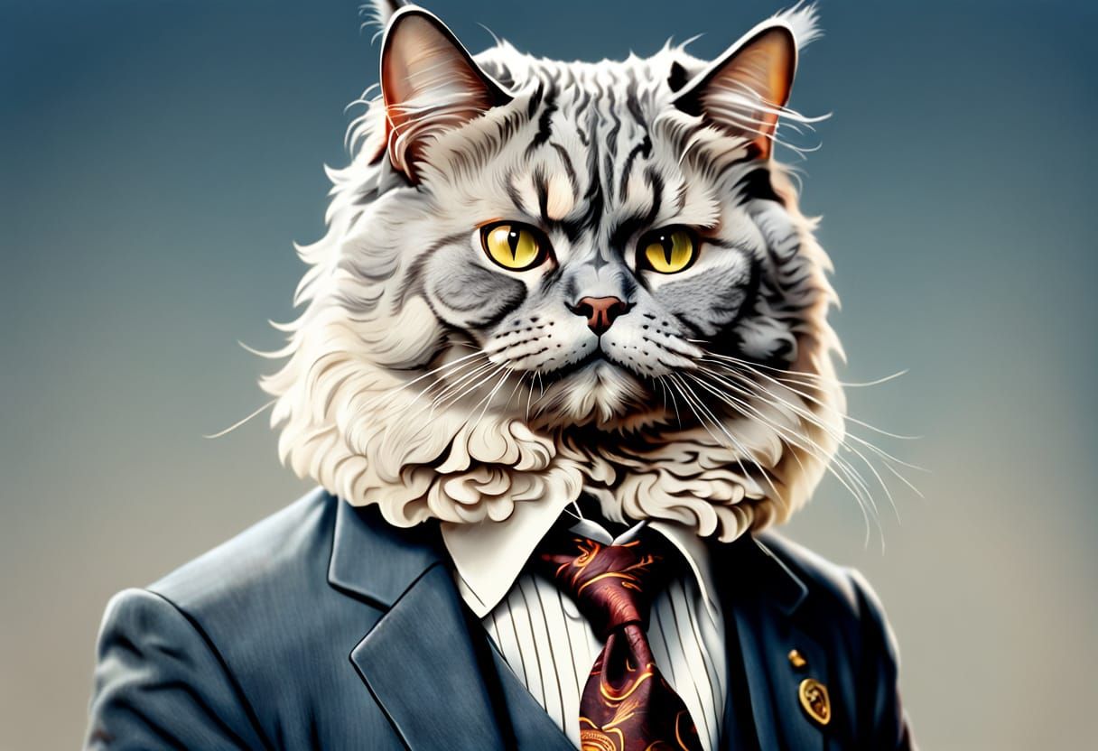 Smug Selkirk Rex Cat Personifying Bill Clinton