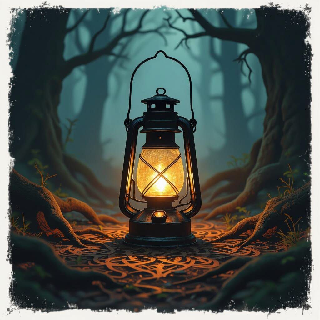 Antique Lantern Glows in Mysterious Forest