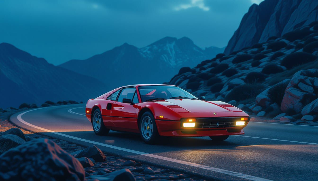 Red Ferrari 308 on Mountain Road, Cinematic Digital Art