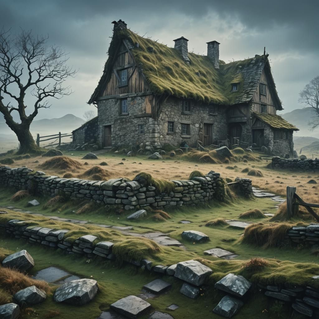 Misty Moorland Farmhouse: Medieval Fantasy Landscape