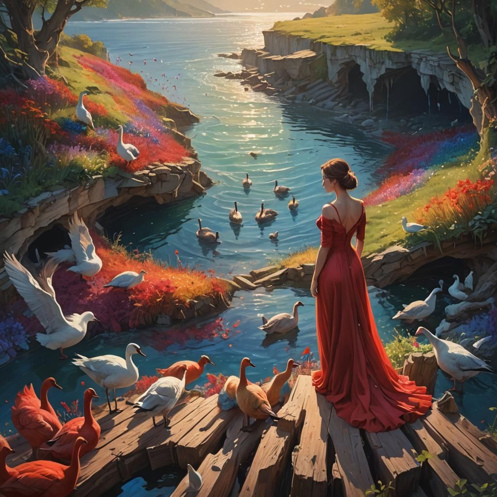Fantastical Woman Gazing at Geese in Sea
