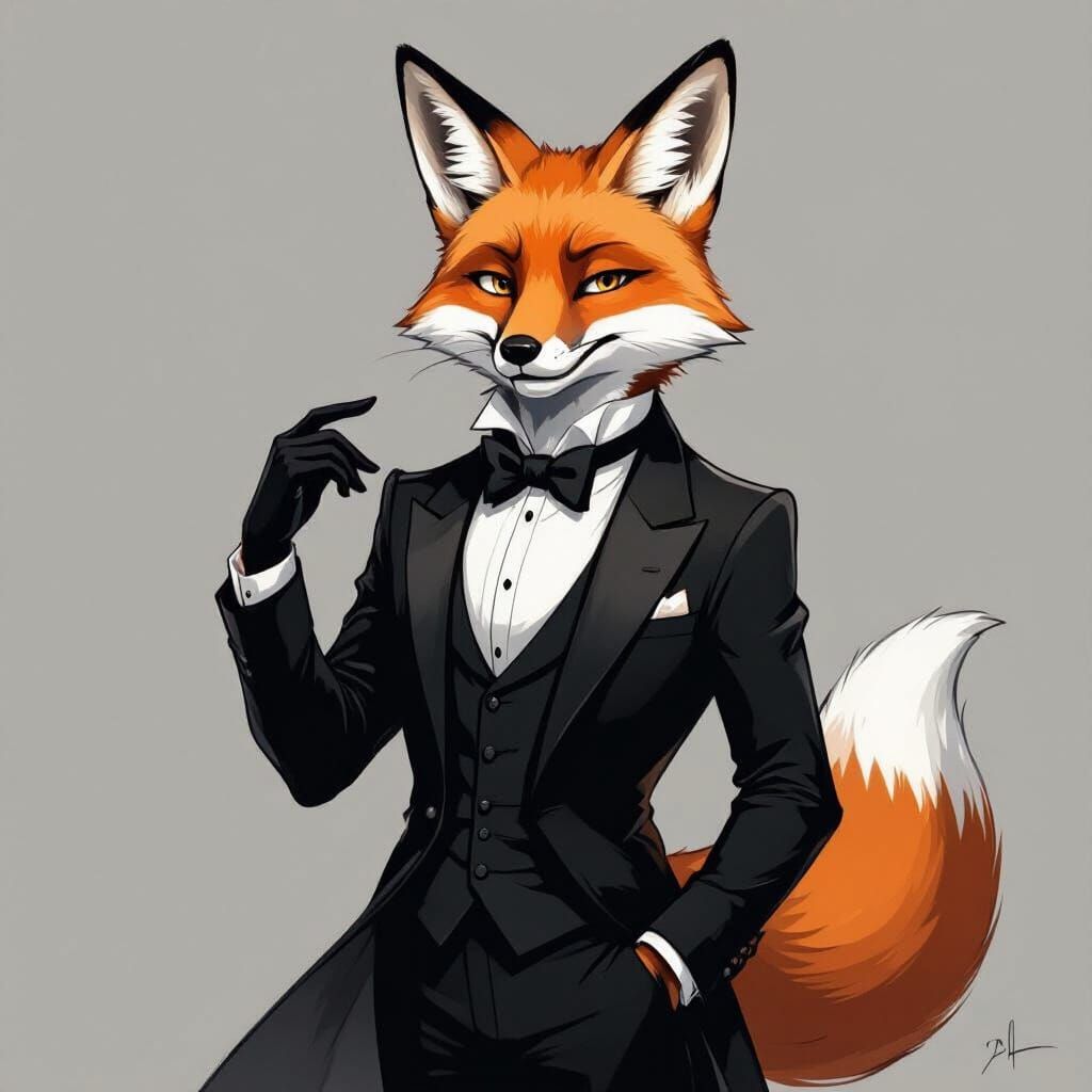 Anthropomorphic Fox in Black Ink Sketch Style