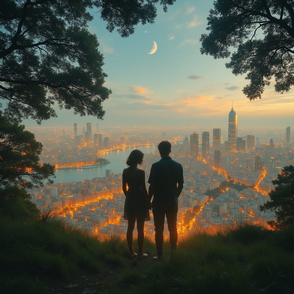 Couple Overlooking City at Night in Photorealistic Style