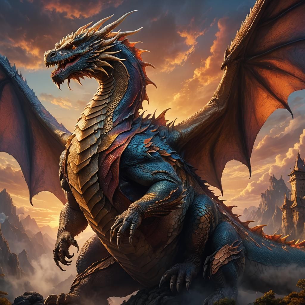 Fat Dragon in Prehistoric Landscape: Fantasy Art