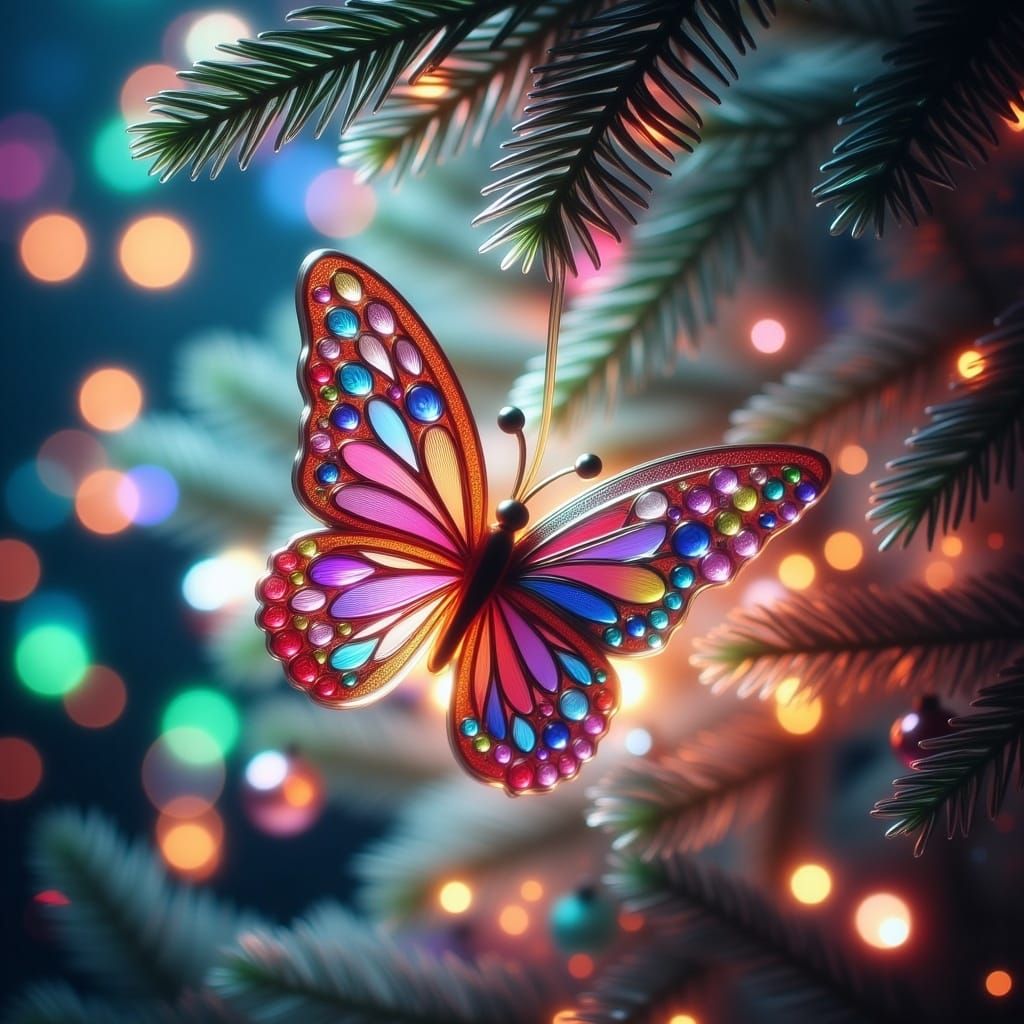 Glass Butterfly Amidst a Vibrant Christmas Tree Scene