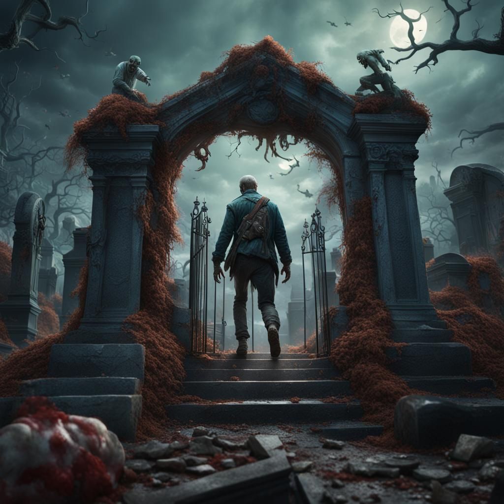 a zombie climbing out of a grave at a cemetery