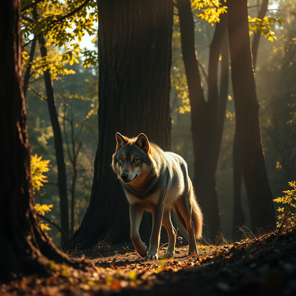 Wolf in Sun-Drenched Forest, Hyperrealistic Detail