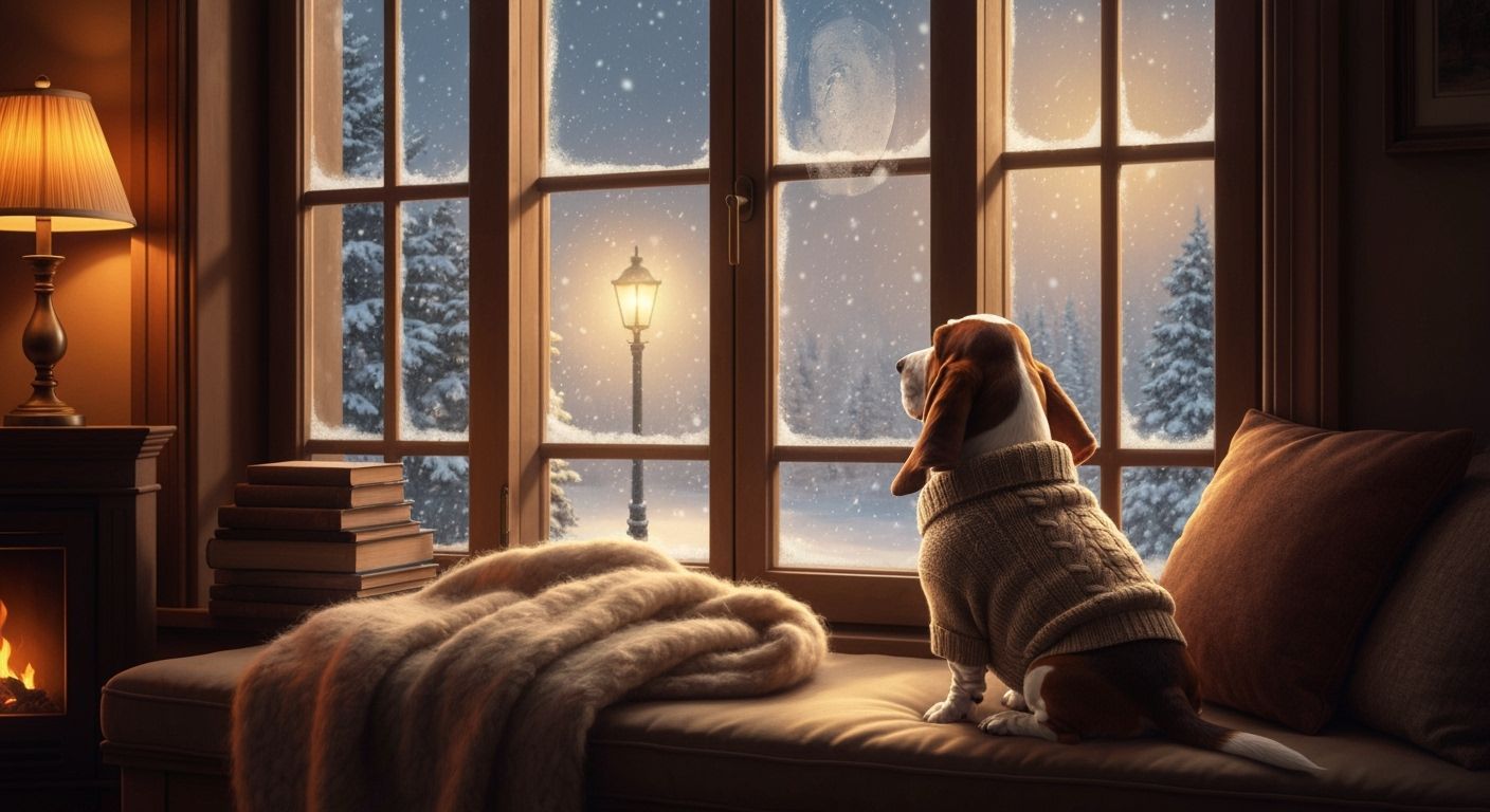 Cozy Basset Hound in Sweater Watches Snowfall