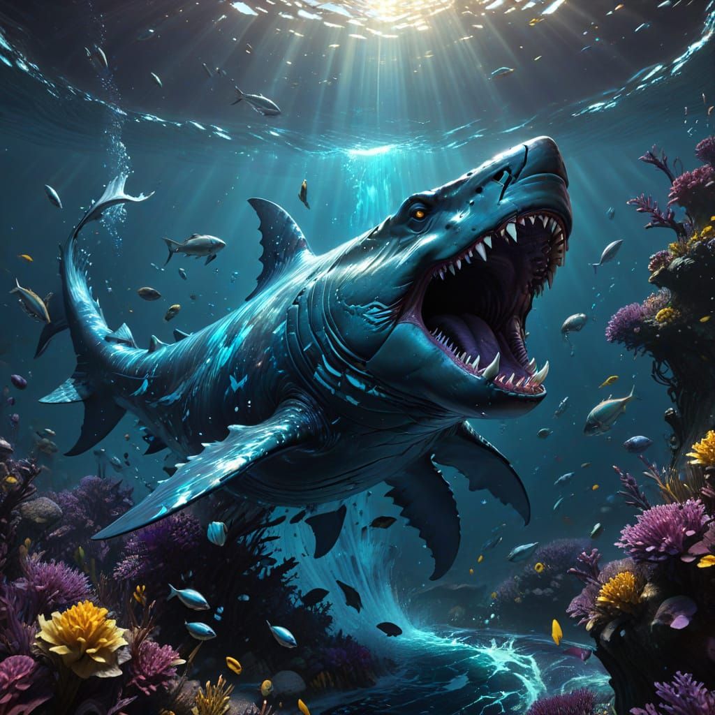 Dark Fantasy Megalodon in Shimmering Deep Blues and Iridesce...