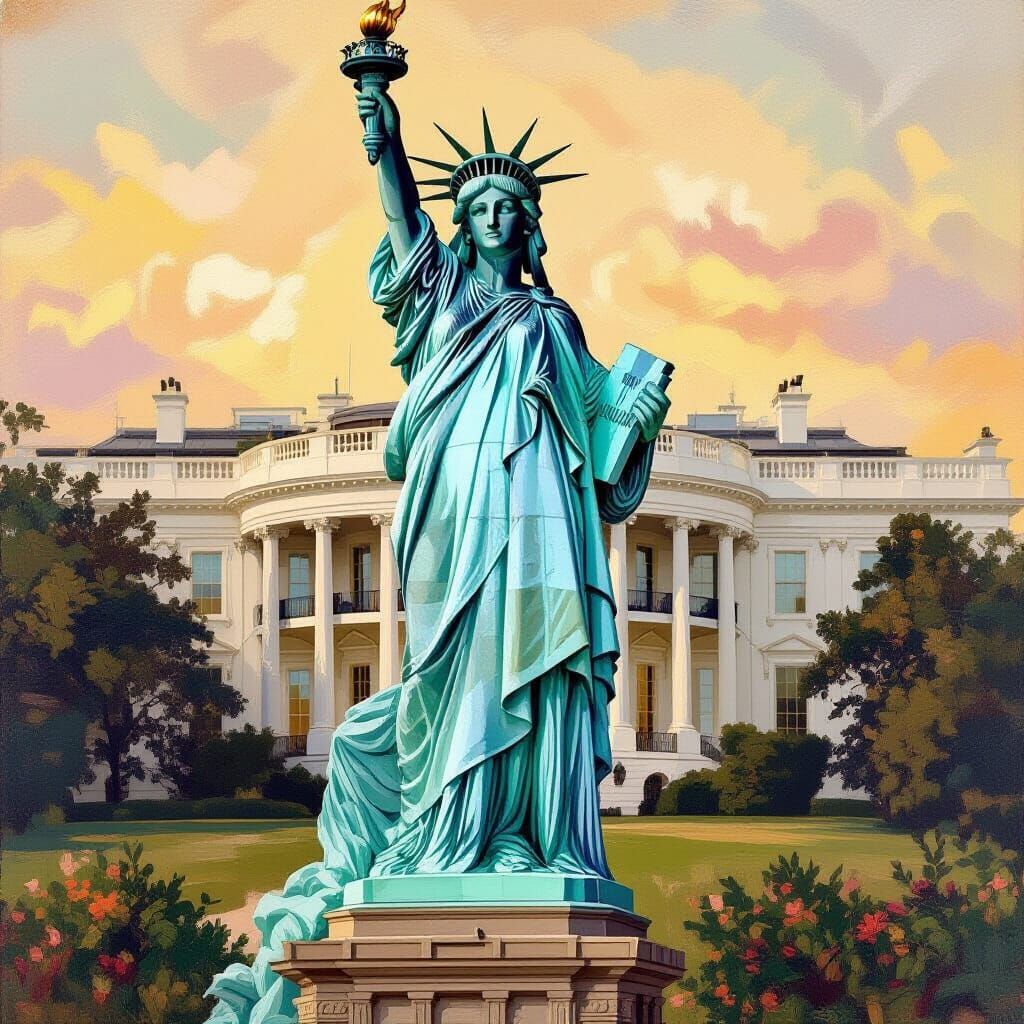 Lady Liberty Atop White House: French Oil Painting