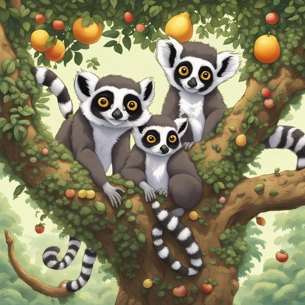 Charming Lemur Family in Fruit Tree, Ghibli Style