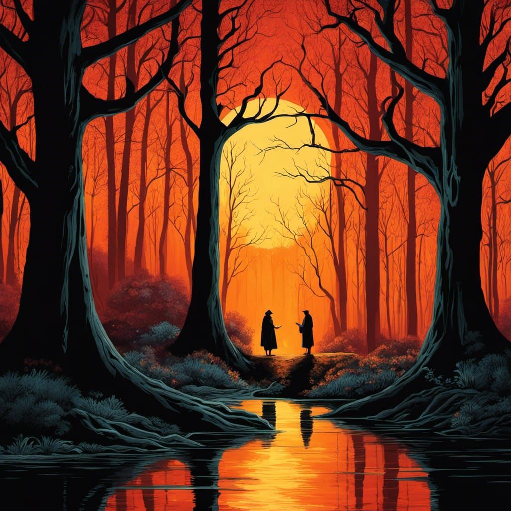 Mysterious Hooded Figures Meeting in Dark Forest