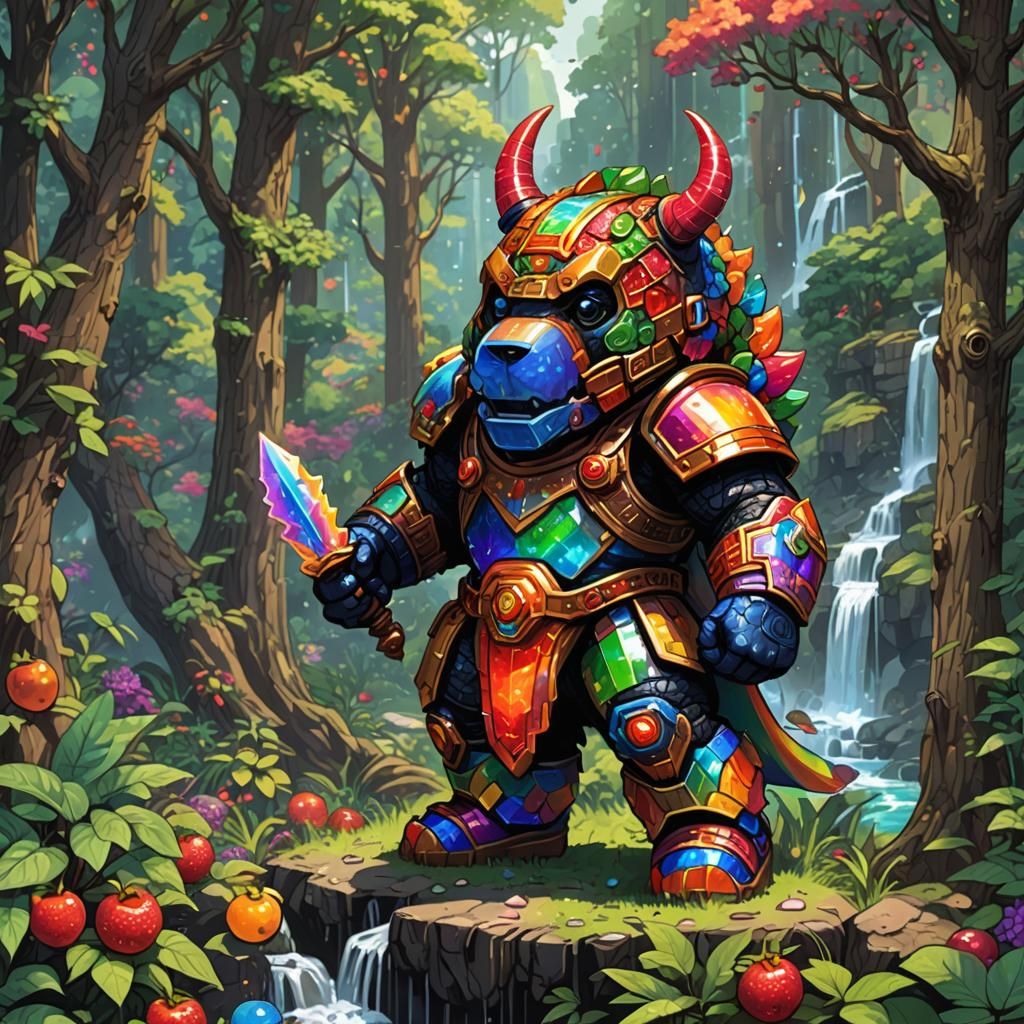 Sixteen bit early ninties era jrpg style pixel art of A tough powerful super gummy bear champion in a rainbow enchanted ...