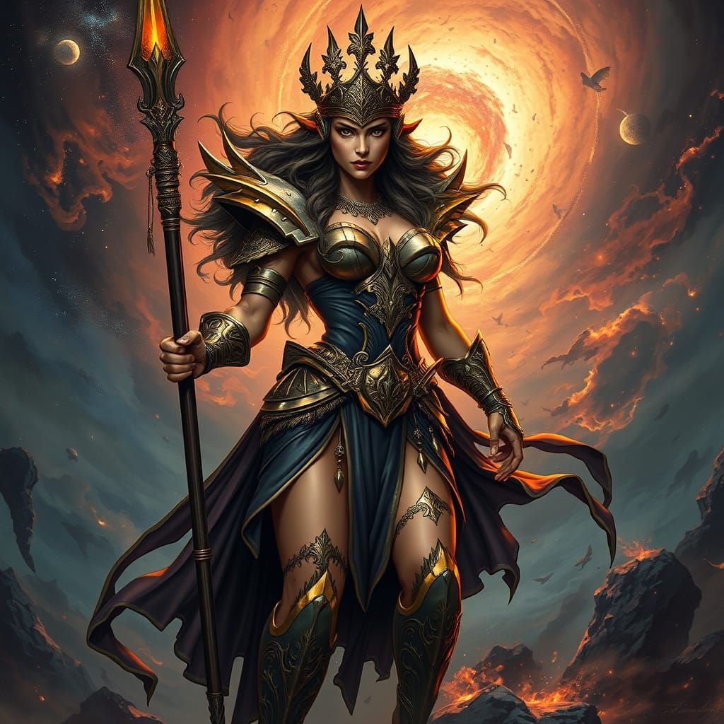 Amazonian Warrior in Celestial Armor on Cosmic Battlefield