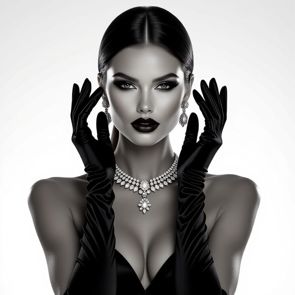 Model Posing in Monochrome with Elegant Jewelry and Gloves