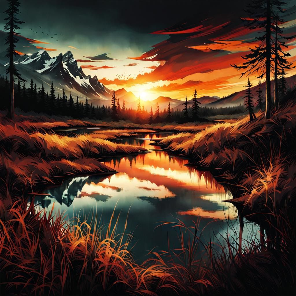 Hyperrealistic Sunset Landscape Double Exposure