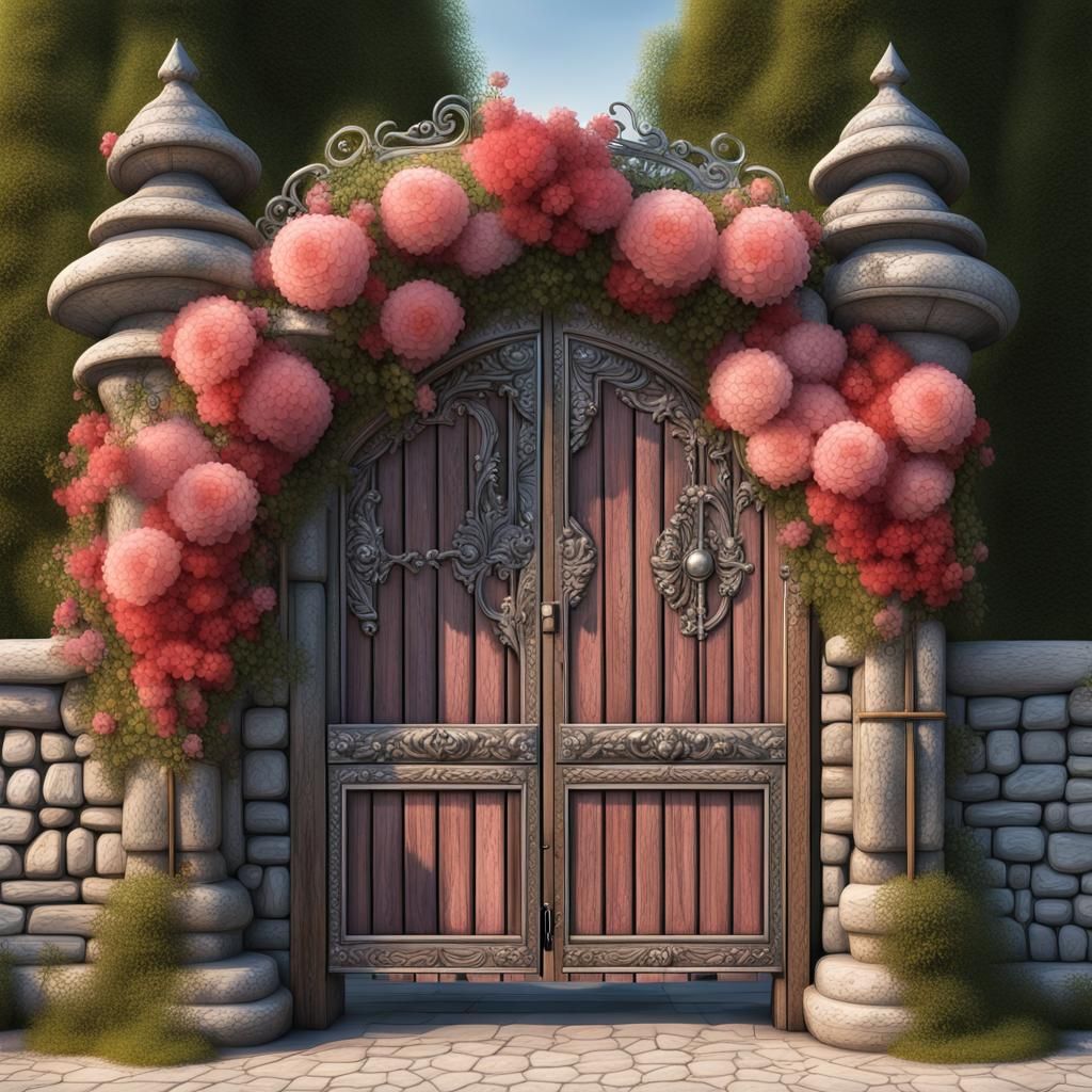 Mystical Wooden Castle Gate with Climbing Flowers