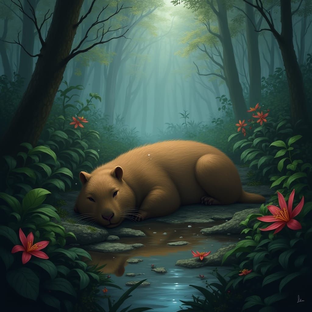 Surreal Capybara Lying in a Misty Forest