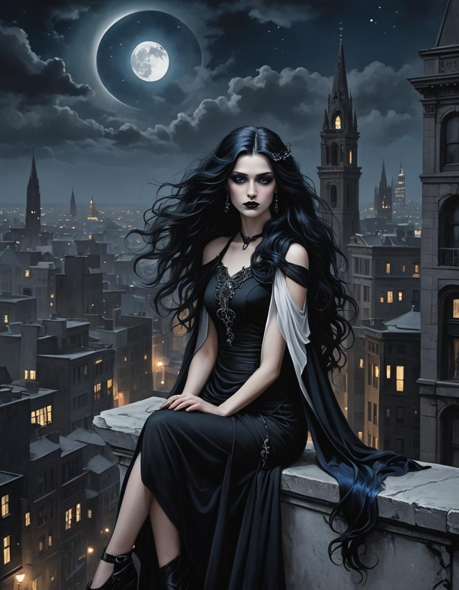 A noir-inspired goth woman in a sleek black fitted dress** perched on an urban ledge, under a crescent moon, her long ra...