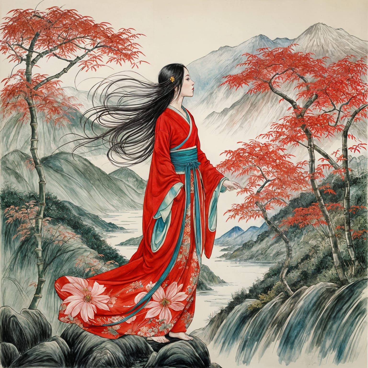 Ethereal Japanese Beauty in Vibrant Watercolors