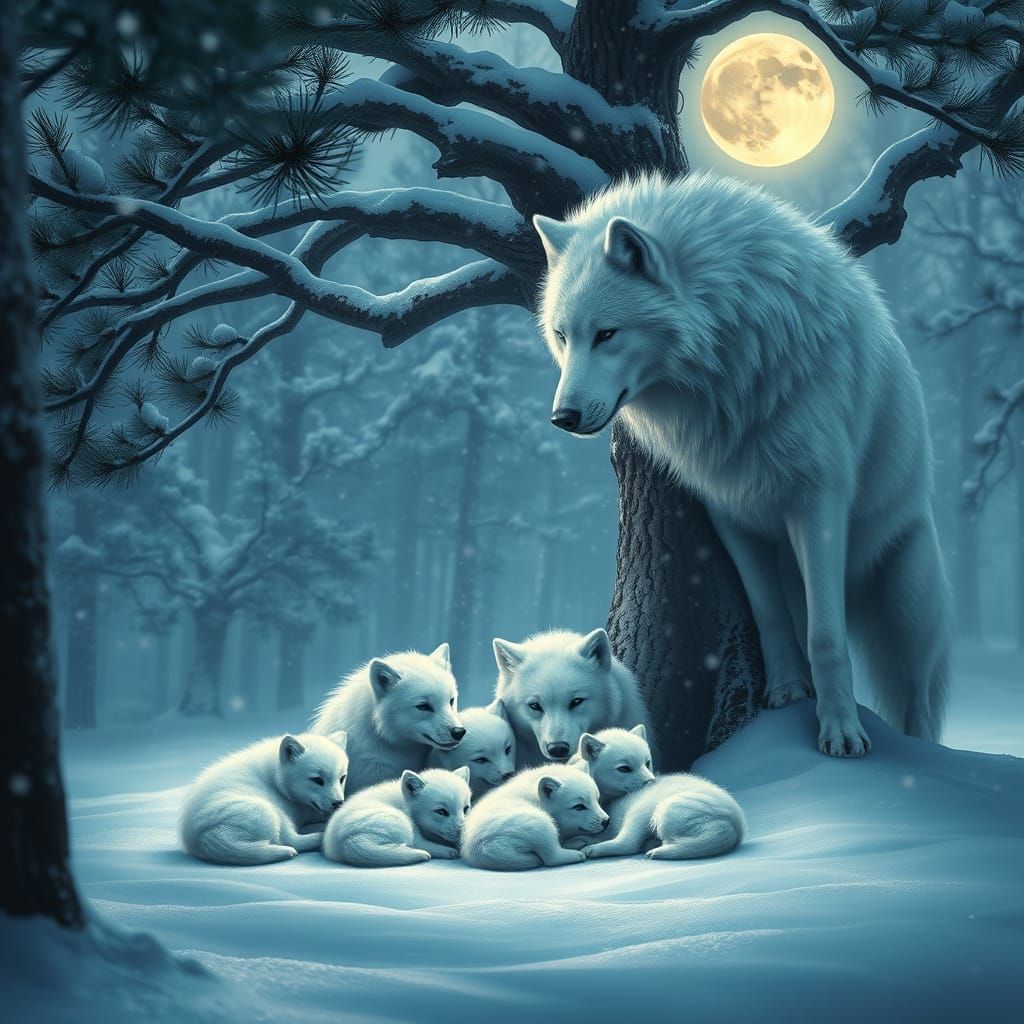 Winter Wonderland Scene with Direwolf Pups and Majestic Moth...