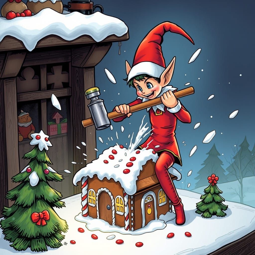 Elf Smashes Gingerbread House in Cyberpunk Comic Book Style