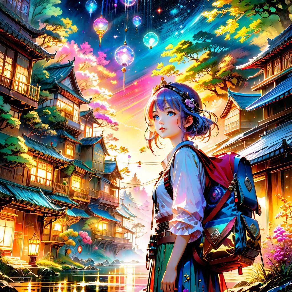 Anime Girl's Watercolor Adventure in Hyperdetailed Landscape