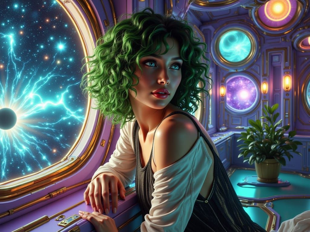 Woman Gazes from Spaceship Window Amidst Cosmic Scenery