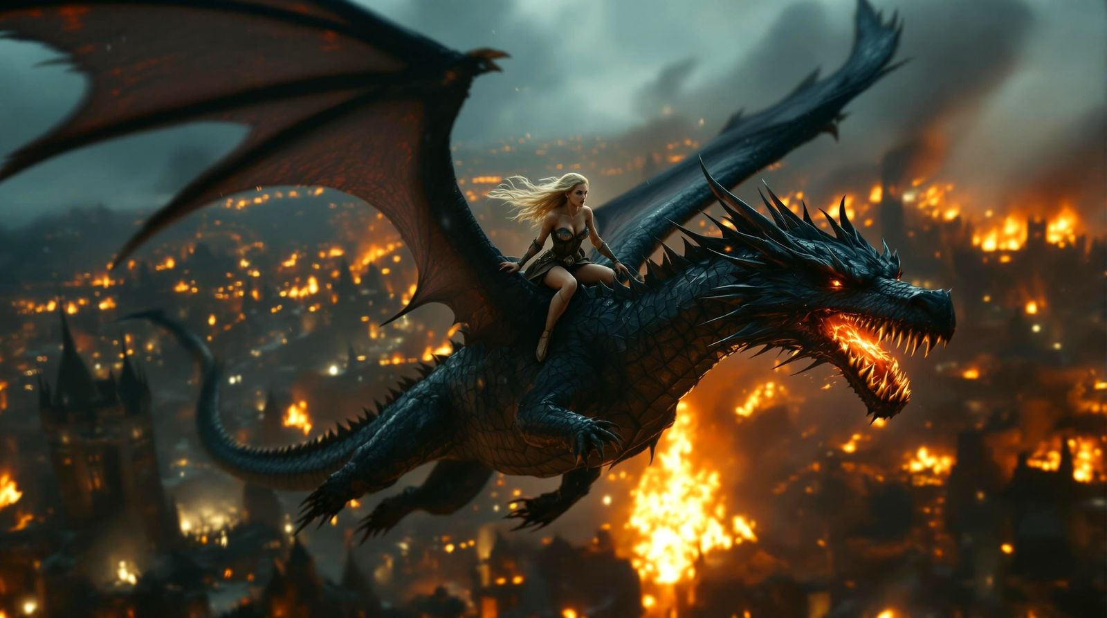 Warrior Girl Rides Dragon Over Burning City
