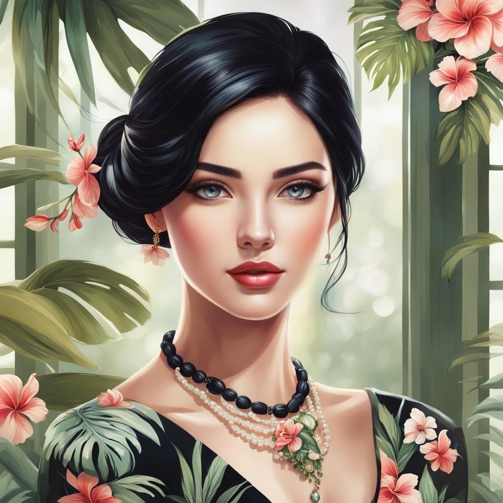 view of a stunning woman with tied black hair decorated with a delicate flower, realistic style, cinematic style, young ...