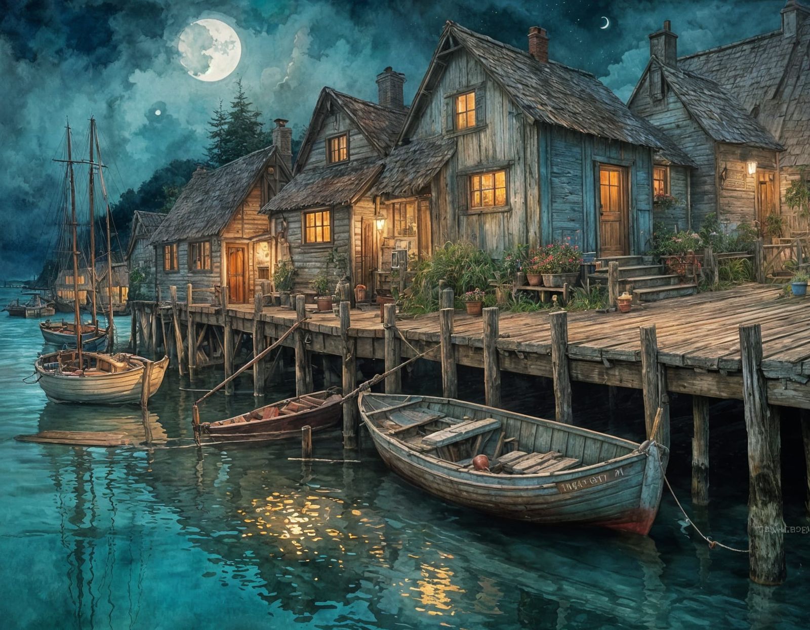 Seaside Shanty Town in Watercolor Style