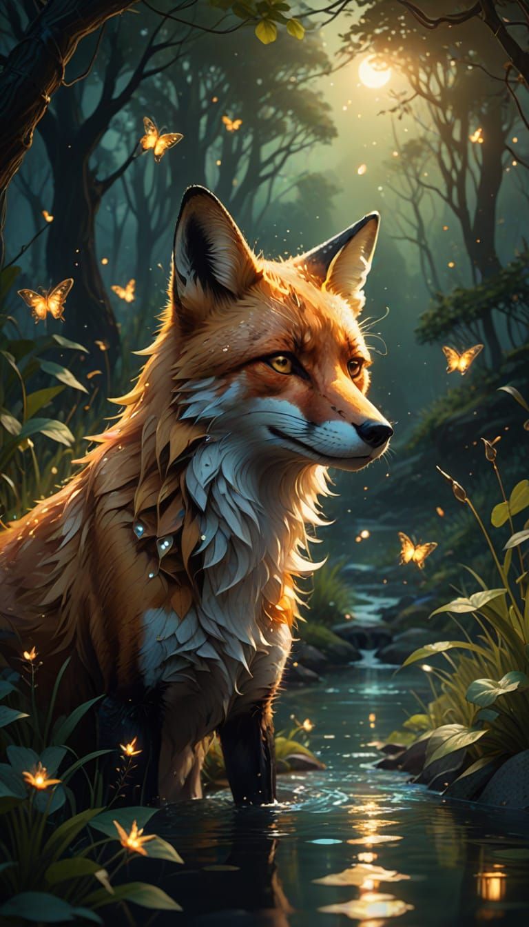 Mystical Fox in Dreamy Art Nouveau Style